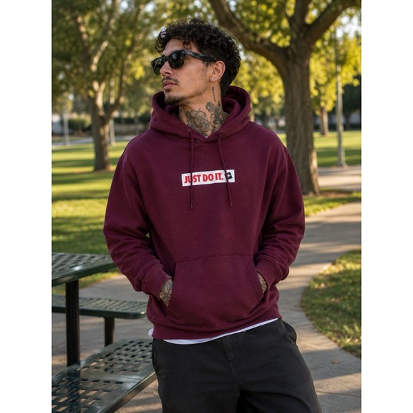 Nike Other - Nike Just Do It Burgundy Pullover Hoodie Men Large Fleece Sweatshirt Logo Sports